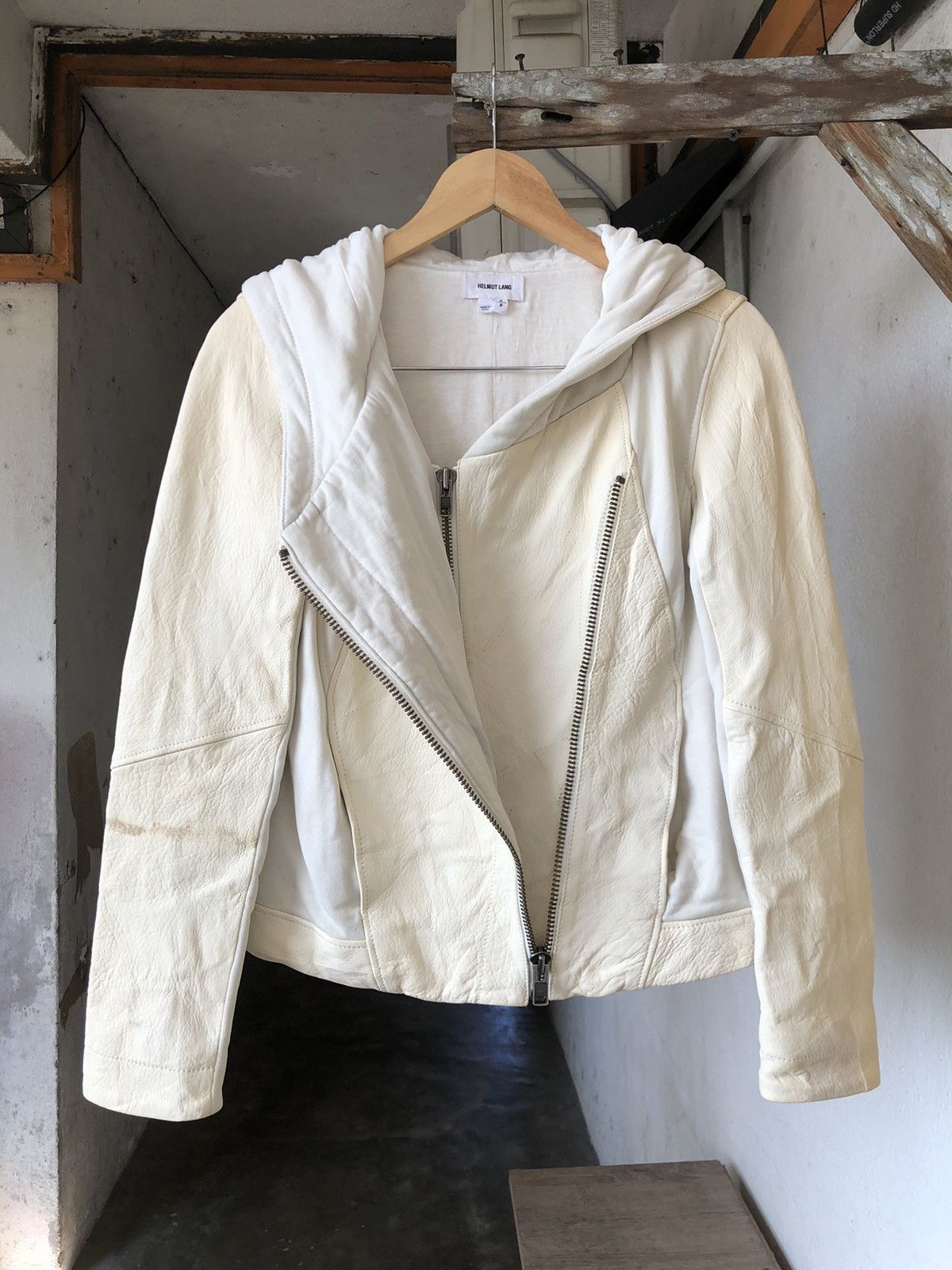 Rare🔥 Helmut Lang Distressed Half Leather Jacket Hoodie