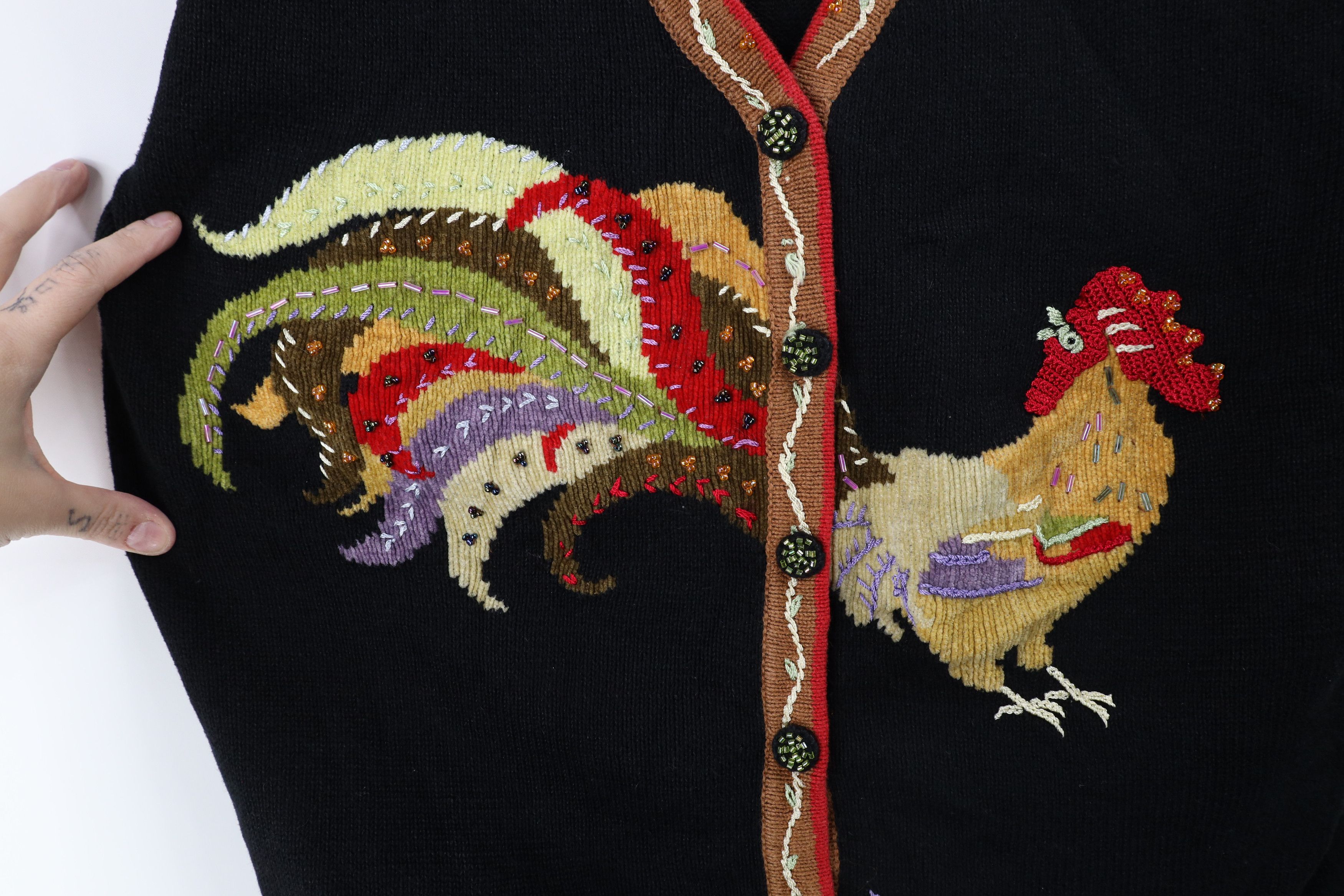 Vintage Vintage 90s Streetwear Embroidered Chicken Cardigan Sweater Size L / US 10 / IT 46 - 4 Thumbnail
