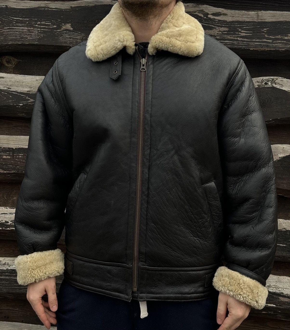 Japanese Brand Lakeland black leather shearling wool aviator jacket Size US L / EU 52-54 / 3 - 4 Thumbnail