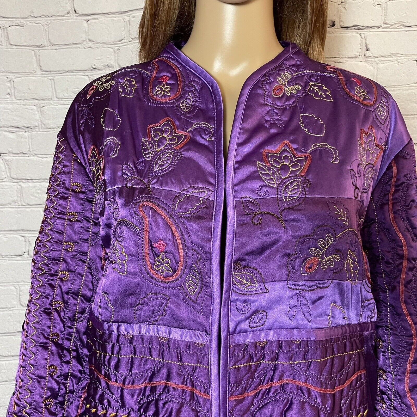 Other Diane Gilman Satin Purple Quilted Embroidered Jacket Size 1 Size XL / US 12-14 / IT 48-50 - 3 Thumbnail