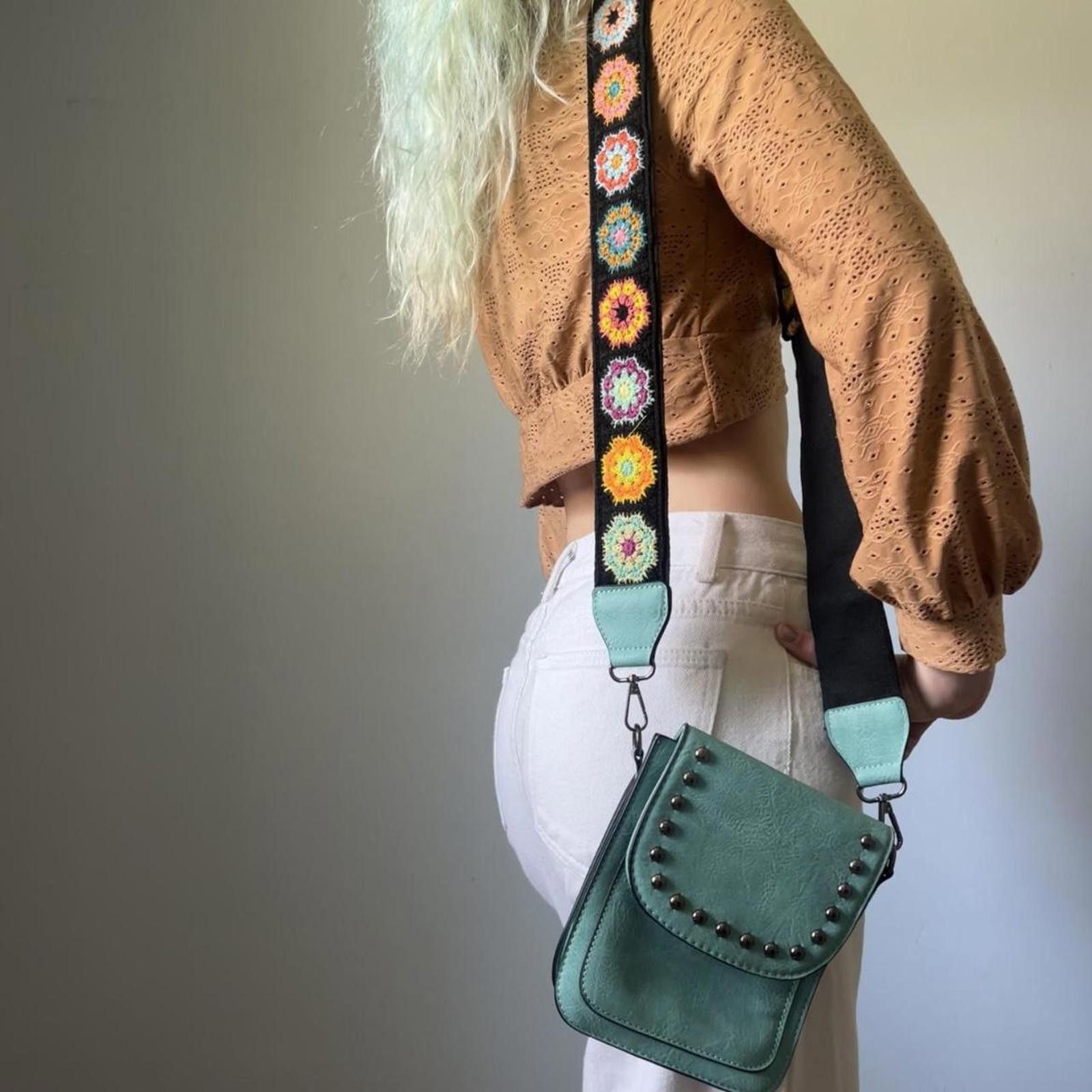 Other Studded turquoise crossbody bag with crochet floral strap Size ONE SIZE - 1 Thumbnail