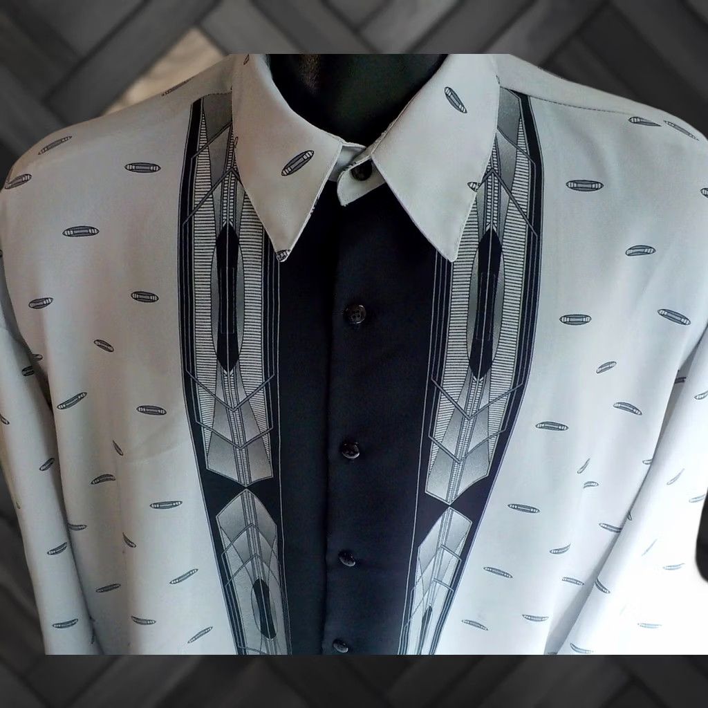 Vintage VTG Monzini Collection LS Shirt Button-Front Gray Black SZ XL USA Mens Long Sleeve Oblong Print Polyester Regular -TBD- Size US XL / EU 56 / 4 - 1 Thumbnail