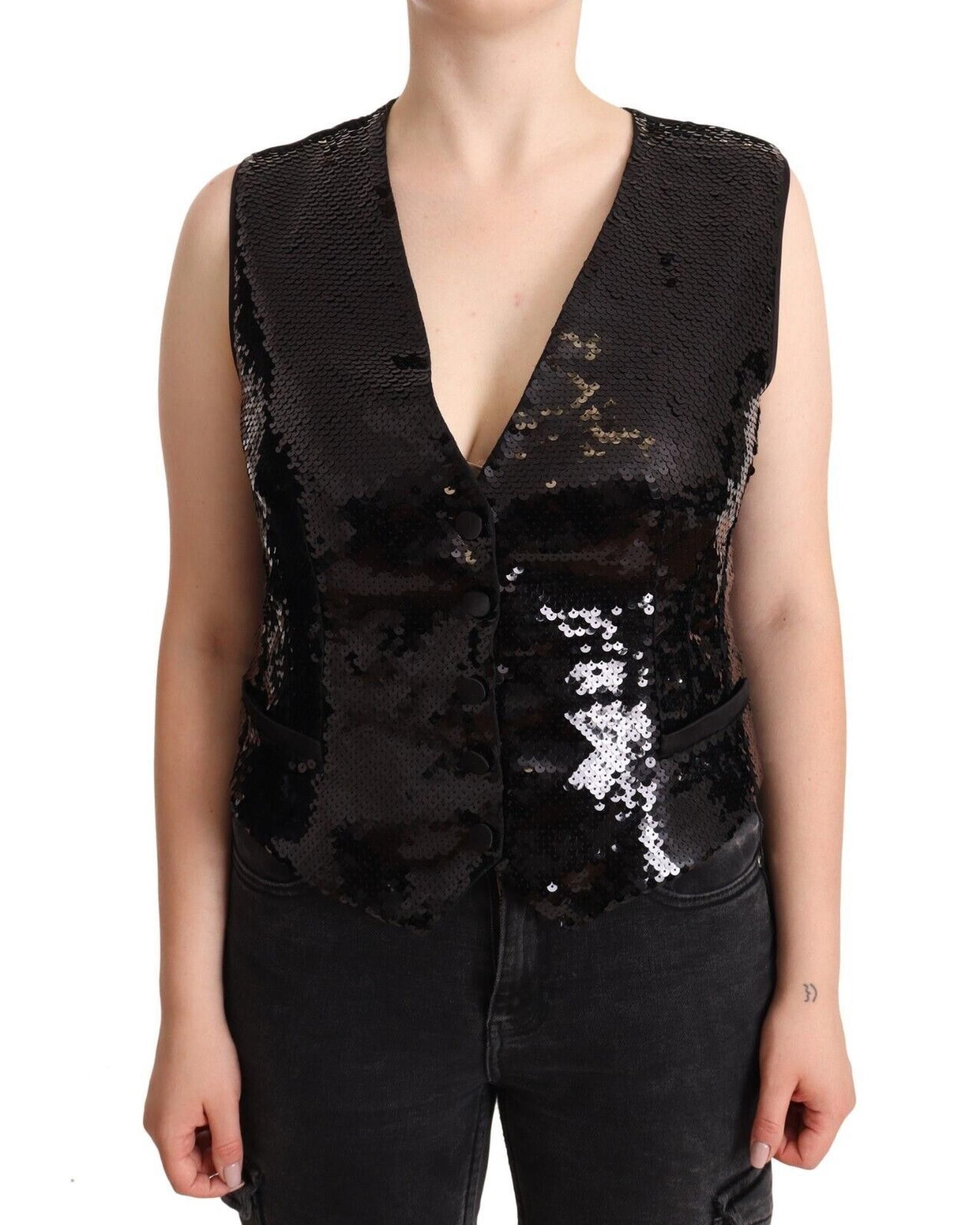 image of Dolce Gabbana Sequin V-Neck Sleeveless Vest in Black, Women's (Size XL)