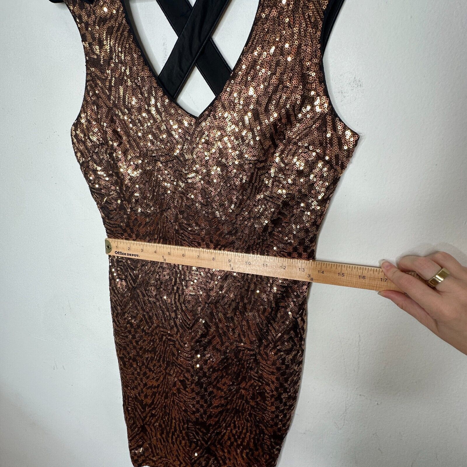 Bebe Bebe Copper Bronze Sequin Mini Dress Criss Cross Back Zip M Size M / US 6-8 / IT 42-44 - 15 Thumbnail