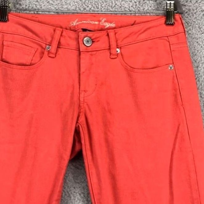 Vintage American Eagle Jeans Women 2 Orange Denim Skinny Stretch Low Rise Button Waist 30 Inseam 32 Ladies Size 26" / US 2 / IT 38 - 3 Thumbnail