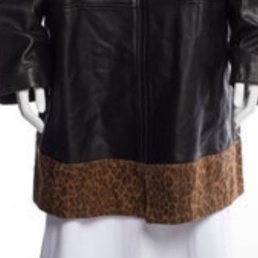 Neiman Marcus Neiman Marcus Black Leather Zip-Up Coat Leopard Print Hem Wo Size XL / US 12-14 / IT 48-50 - 6 Thumbnail