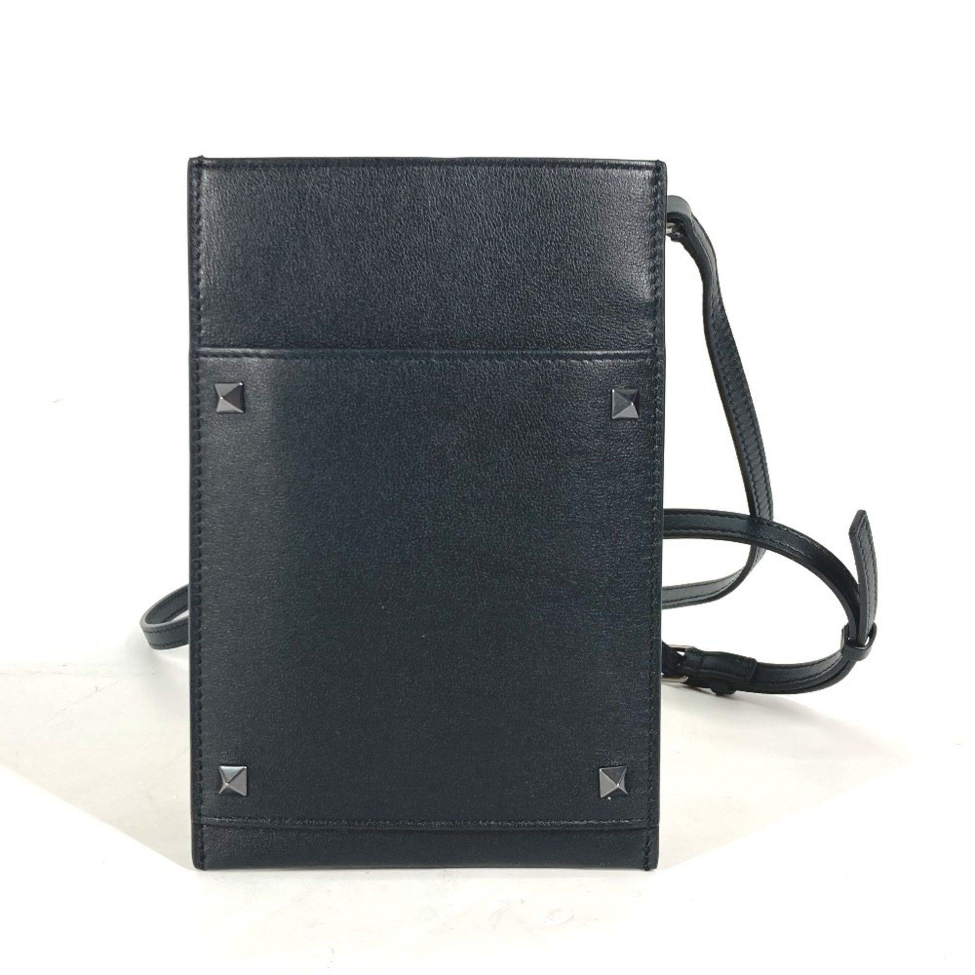 VALENTINO Pochette Logo Studded Leather Shoulder Bag Women's Black Like New