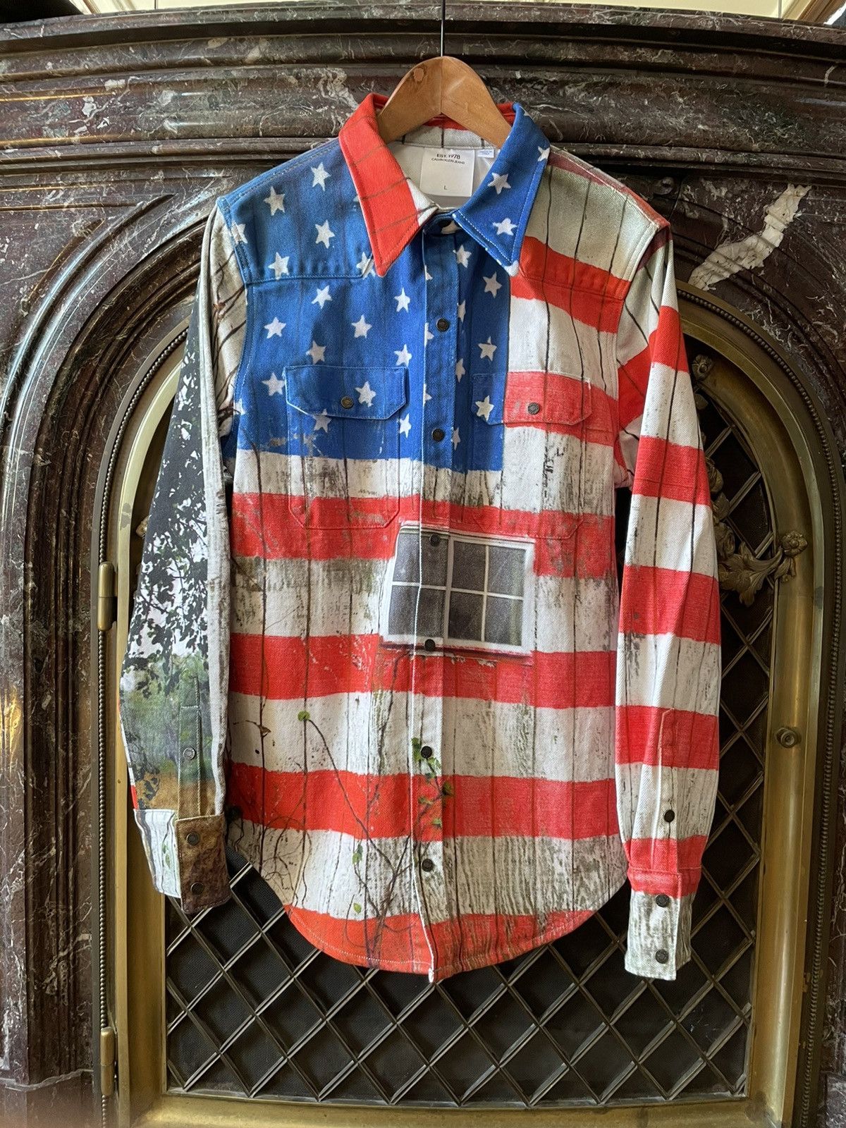 image of Calvin Klein 205W39Nyc x Raf Simons Stars And Stripes Printed Western Shirt in Red (Size Large)