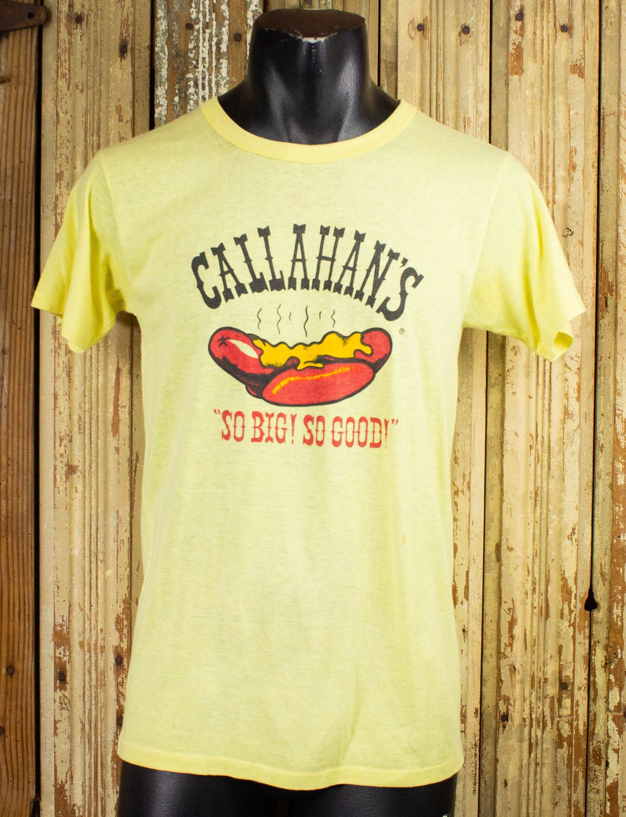 image of Vintage Callahan's Hot Dogs Graphic T Shirt 70's in Yellow, Men's (Size Small)