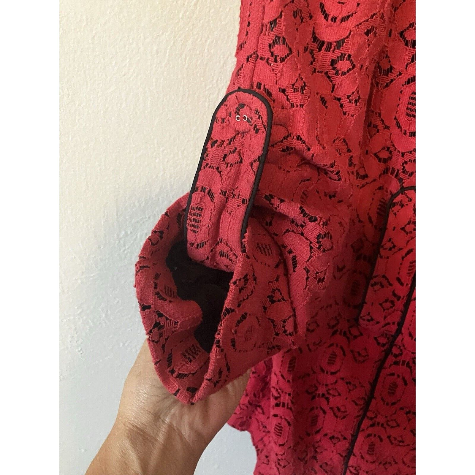 W&LT W118 Walter Baker Pallava Lace Trench Coat Red Black Small Size S / US 4 / IT 40 - 4 Thumbnail