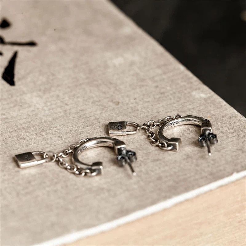 Jewelry Tassel Lock Chain Stud Earrings 925 Sterling Silver Gift Size ONE SIZE - 4 Thumbnail