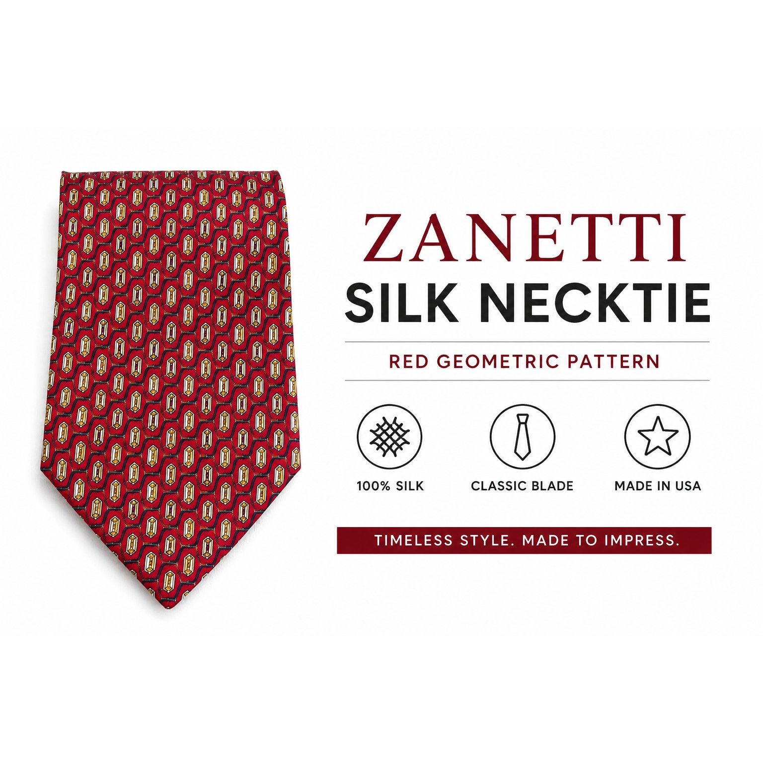 Zanetti Zanetti Silk Geometric Necktie Red Made in USA Classic Tie Size ONE SIZE - 1 Thumbnail