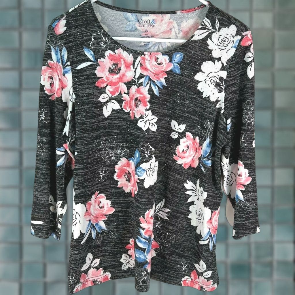 Croft & Barrow Croft & Barrow Womens Blouse 3/4 Sleeves Floral Pullover Black Snit Size PM Size M / US 6-8 / IT 42-44 - 1 Thumbnail
