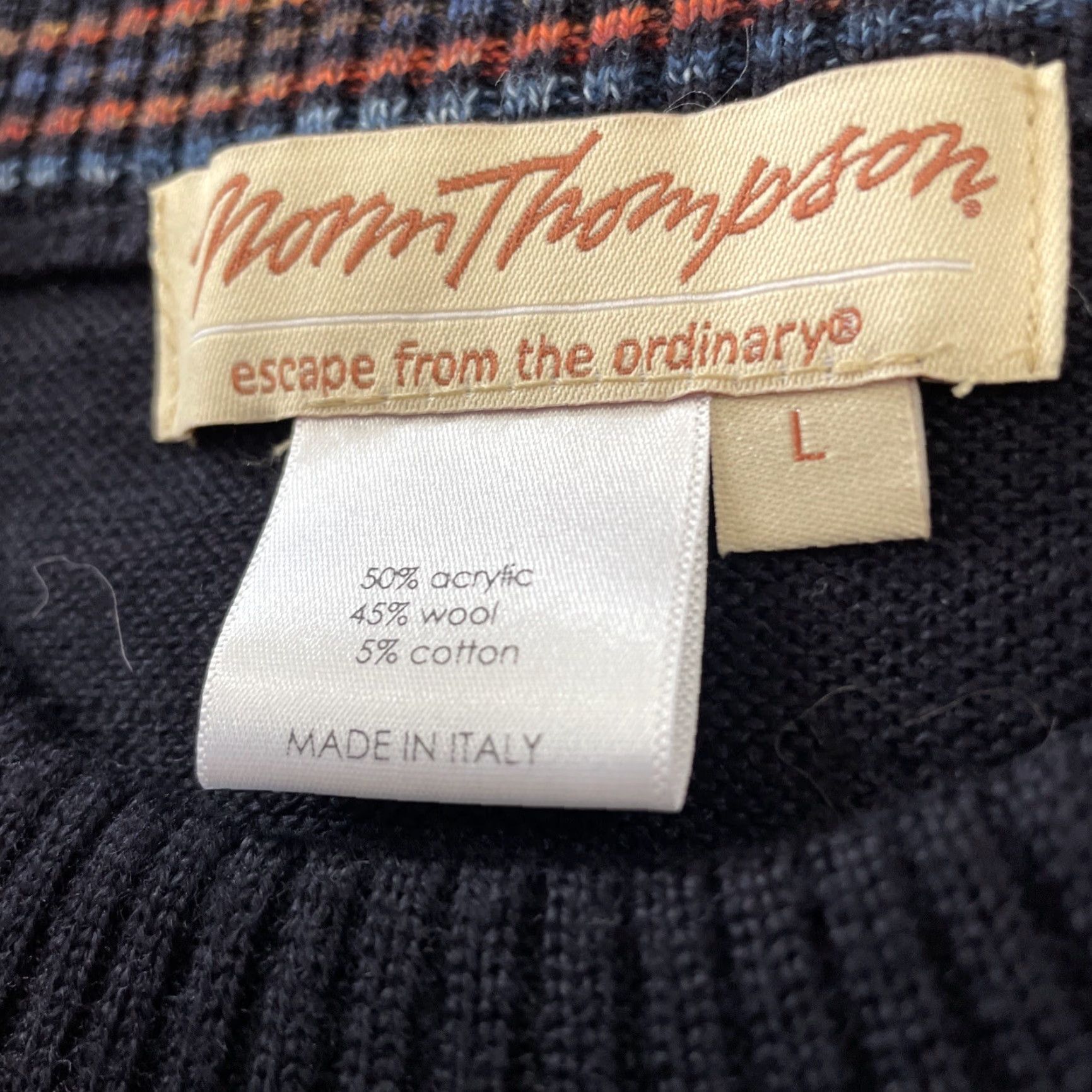 Jim Thompson NORM THOMPSON Wool Italian Sweater Men L Navy Blue Orange Retro Geometric Knit Pullover Crew Neck Long Sleeve Multicolor Size US L / EU 52-54 / 3 - 5 Thumbnail