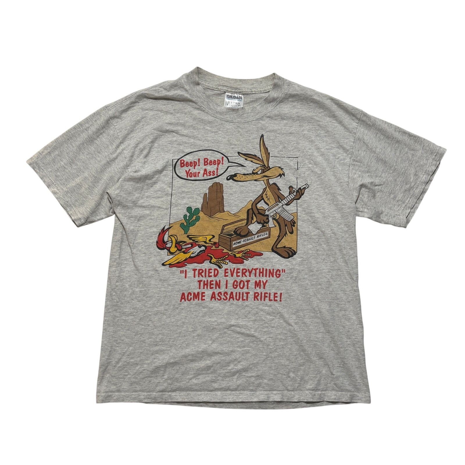 Gildan VTG 90s Looney Tunes Wile E Coyote Parody Gray T-Shirt L Size US L / EU 52-54 / 3 - 1 Thumbnail
