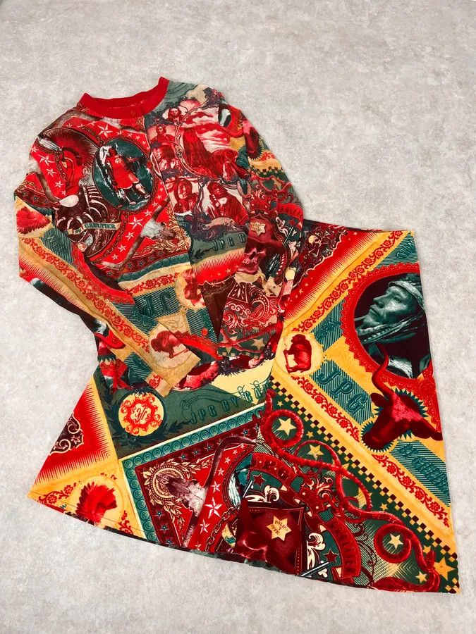 1990s Jean Paul Gaultier Cardigan & Skirt Red Abstract Indian Set
