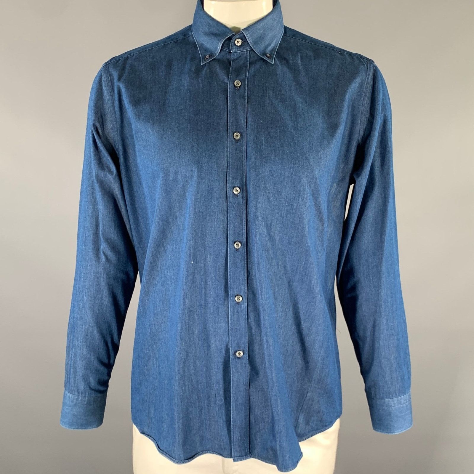 Tod's TOD'S L Navy Heather Cotton Button Down Long Sleeve Shirt Size US L / EU 52-54 / 3 - 1 Thumbnail