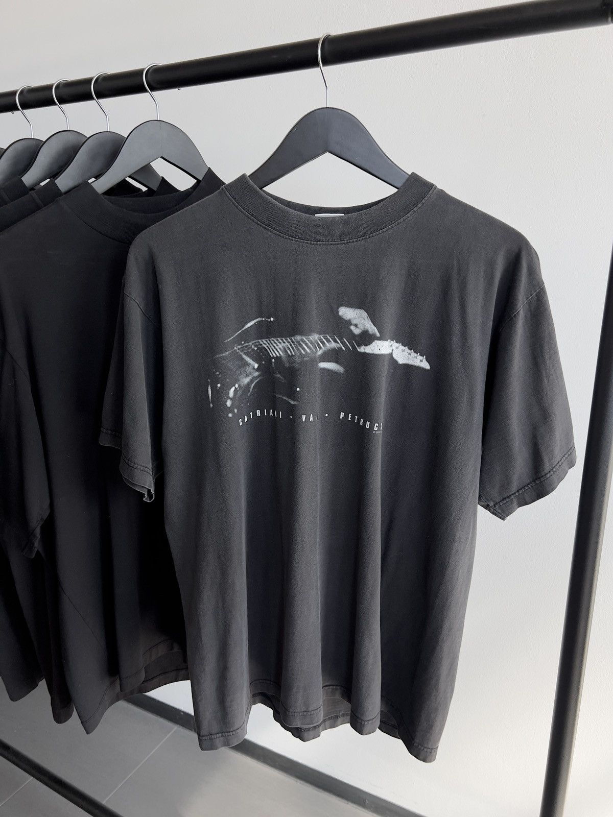 image of Band Tees x Vintage Faded Black Satriani Vai Petrucci Band Tour Tee, Men's (Size Large)