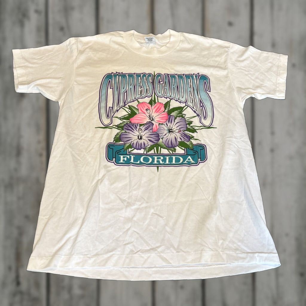Vintage VINTAGE Cypress Garden Florida T Shirt L Adult Cotton Bright Flowers 1990s Sherry’s Best Single Stitch Mens/Unisex Size US L / EU 52-54 / 3 - 1 Thumbnail