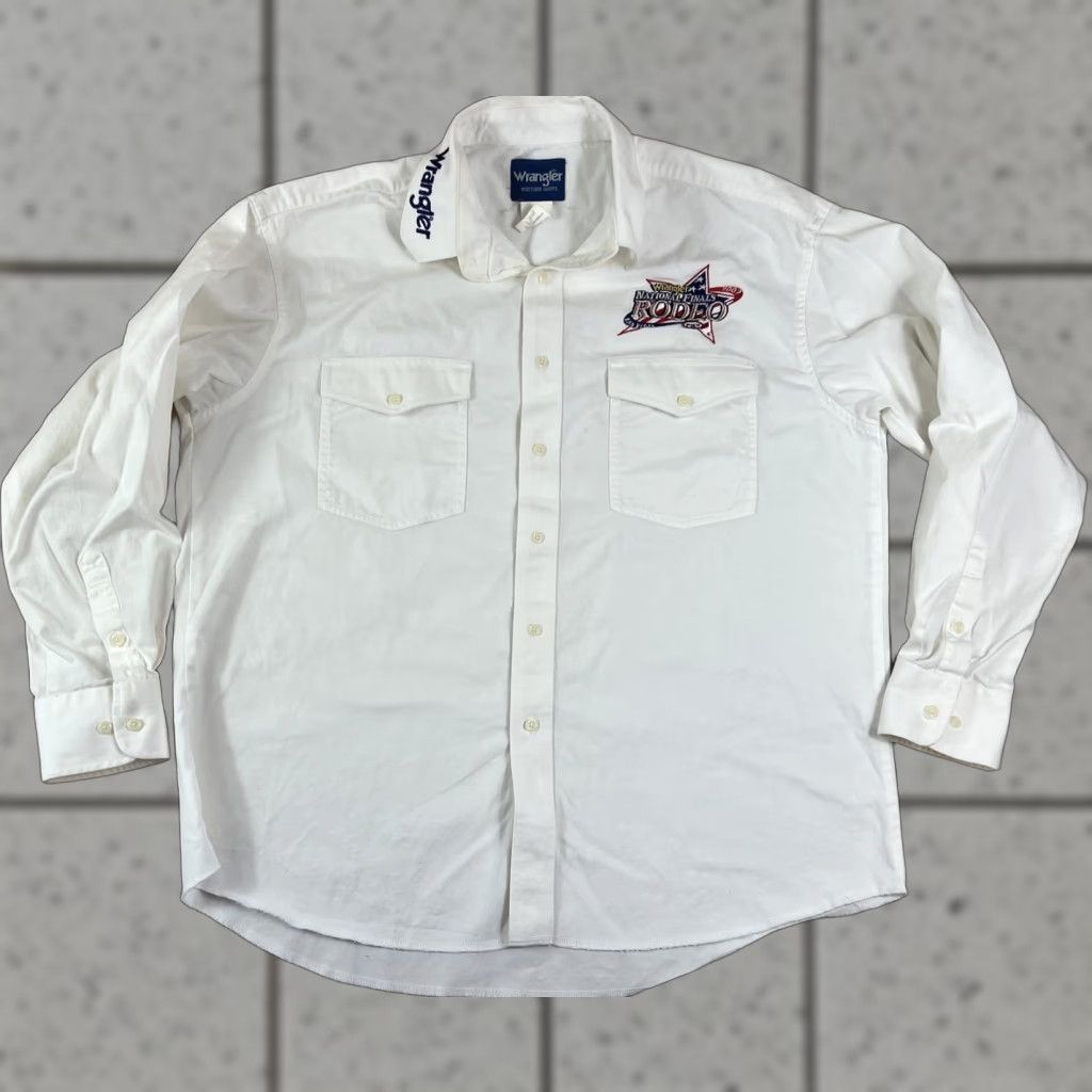 Wrangler VINTAGE Wrangler Western Button-Up Shirt Men 2XL White Solid Long Sleeve NFR 2002 Rodeo PRCA 36x175 Mens Size US XXL / EU 58 / 5 - 1 Thumbnail