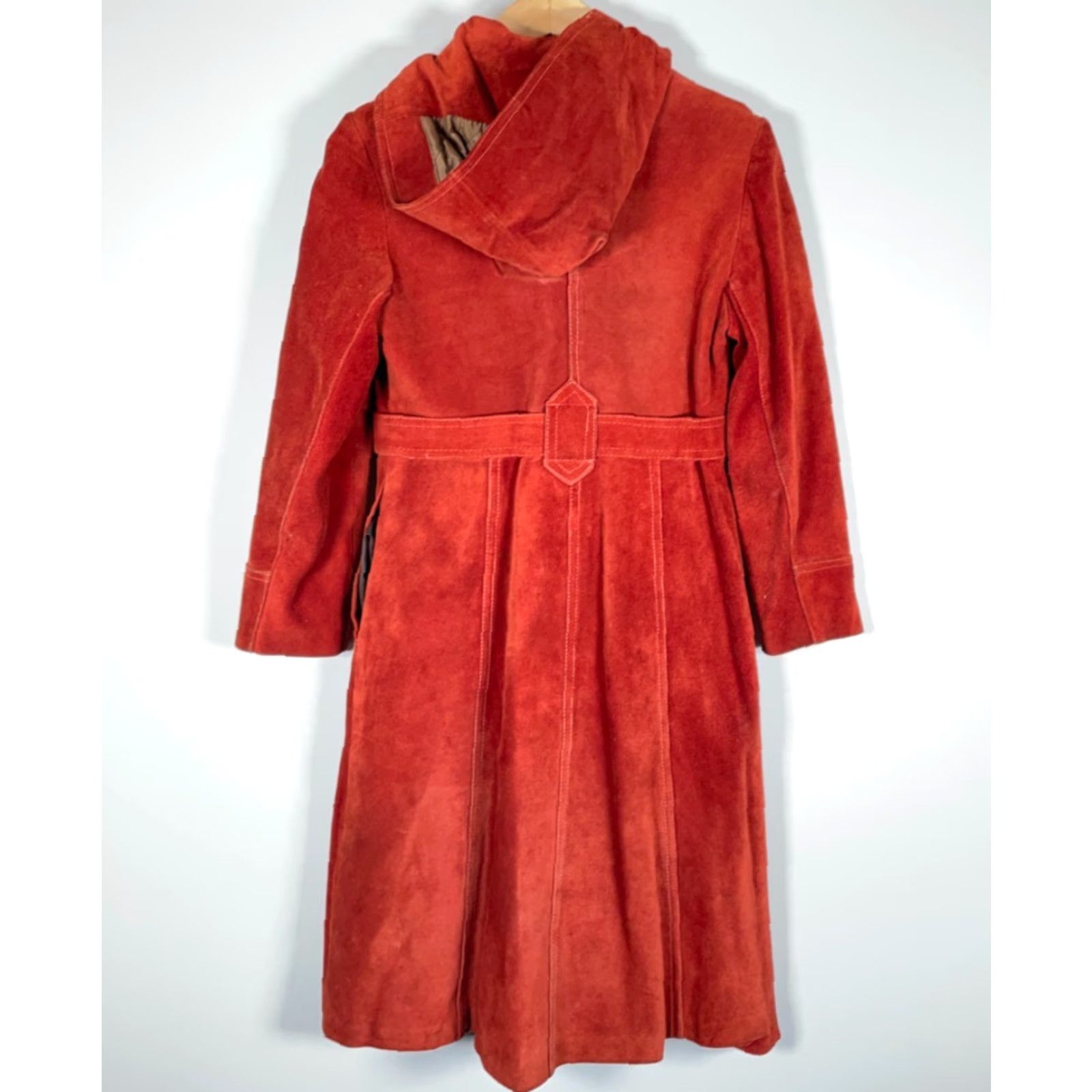 Vintage VINTAGE Burnt Orange Leather Belted Trench Coat Women's 9 / 10 Hooded Casual 70s Long Coat Size L / US 10 / IT 46 - 2 Thumbnail