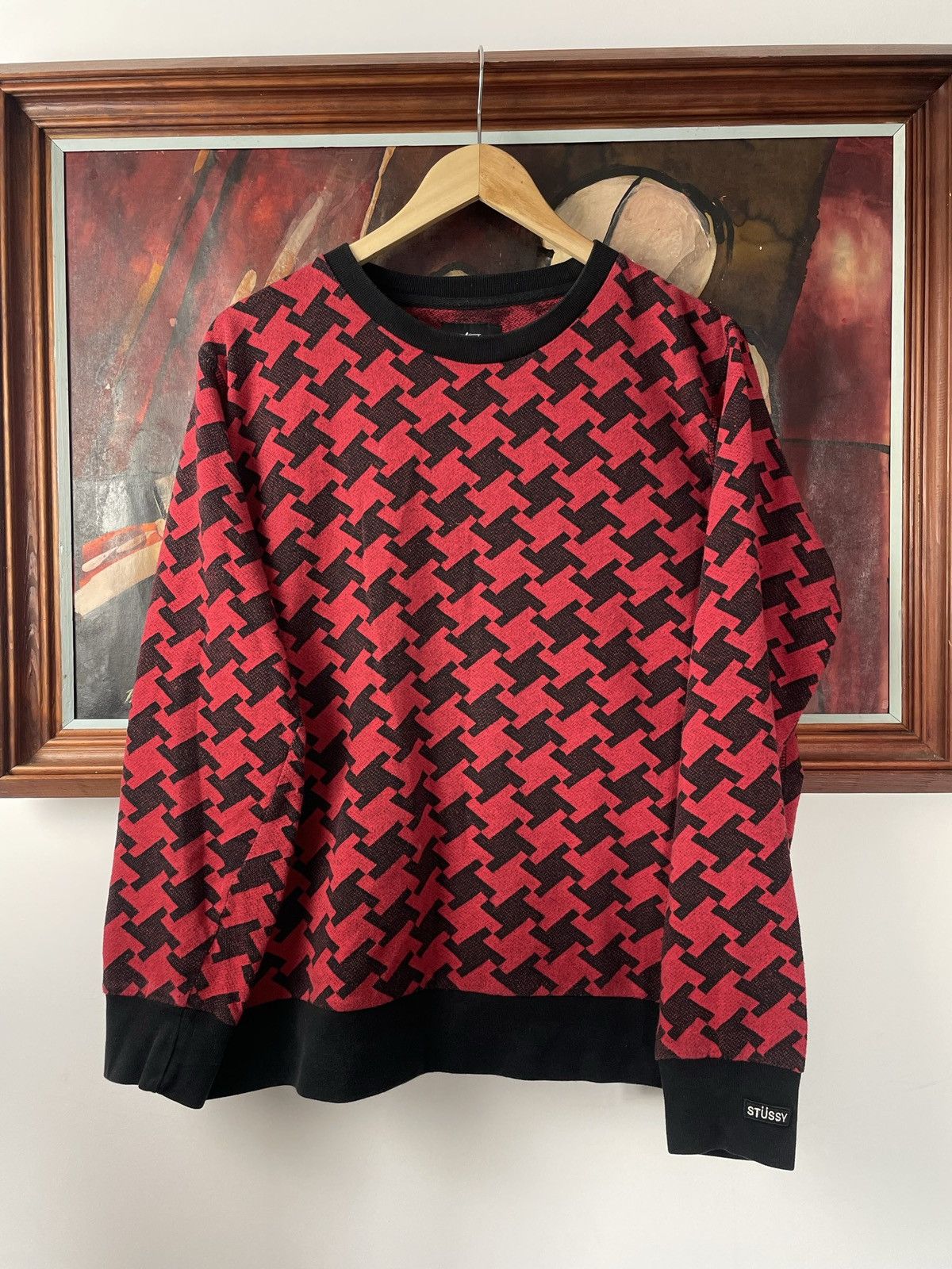 image of Hype x Stussy Fullprint Red Black Sweater Crewneck Knit Streetwear, Men's (Size Medium)