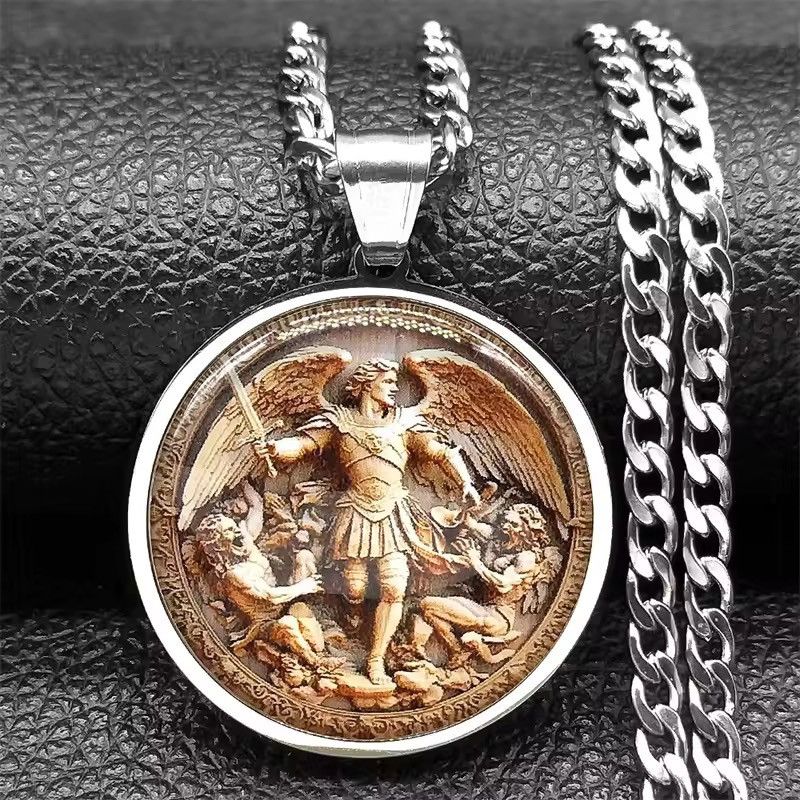 Jewelry SAINT MICHAEL PROTECT US Archangel Glass Pendant Necklace Size ONE SIZE - 1 Thumbnail