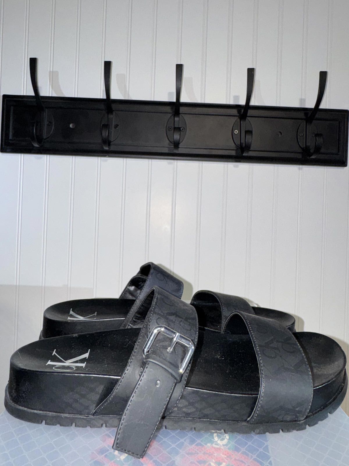 Calvin Klein Calvin Klein Monogram Black Slide Sandals with Buckle Strap Size US 7.5 / IT 37.5 - 2 Thumbnail