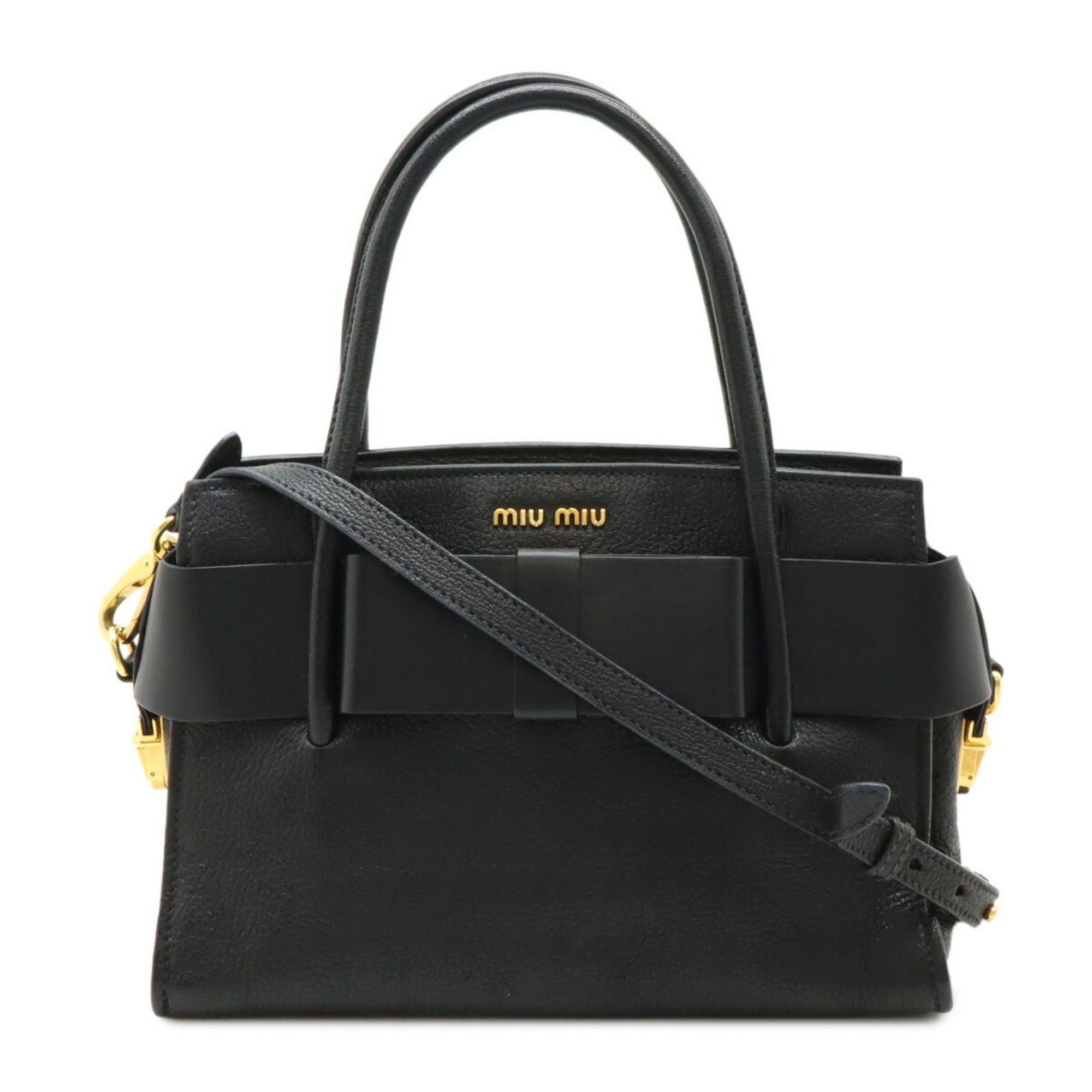 Miu Miu Miu Madras Handbag Shoulder Bag Ribbon Leather Black 5Ba055, Women's