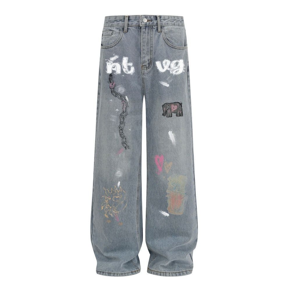 Japanese Brand Graffiti Print Washed Distressed Jeans for Men Size US 32 / EU 48 - 1 Thumbnail