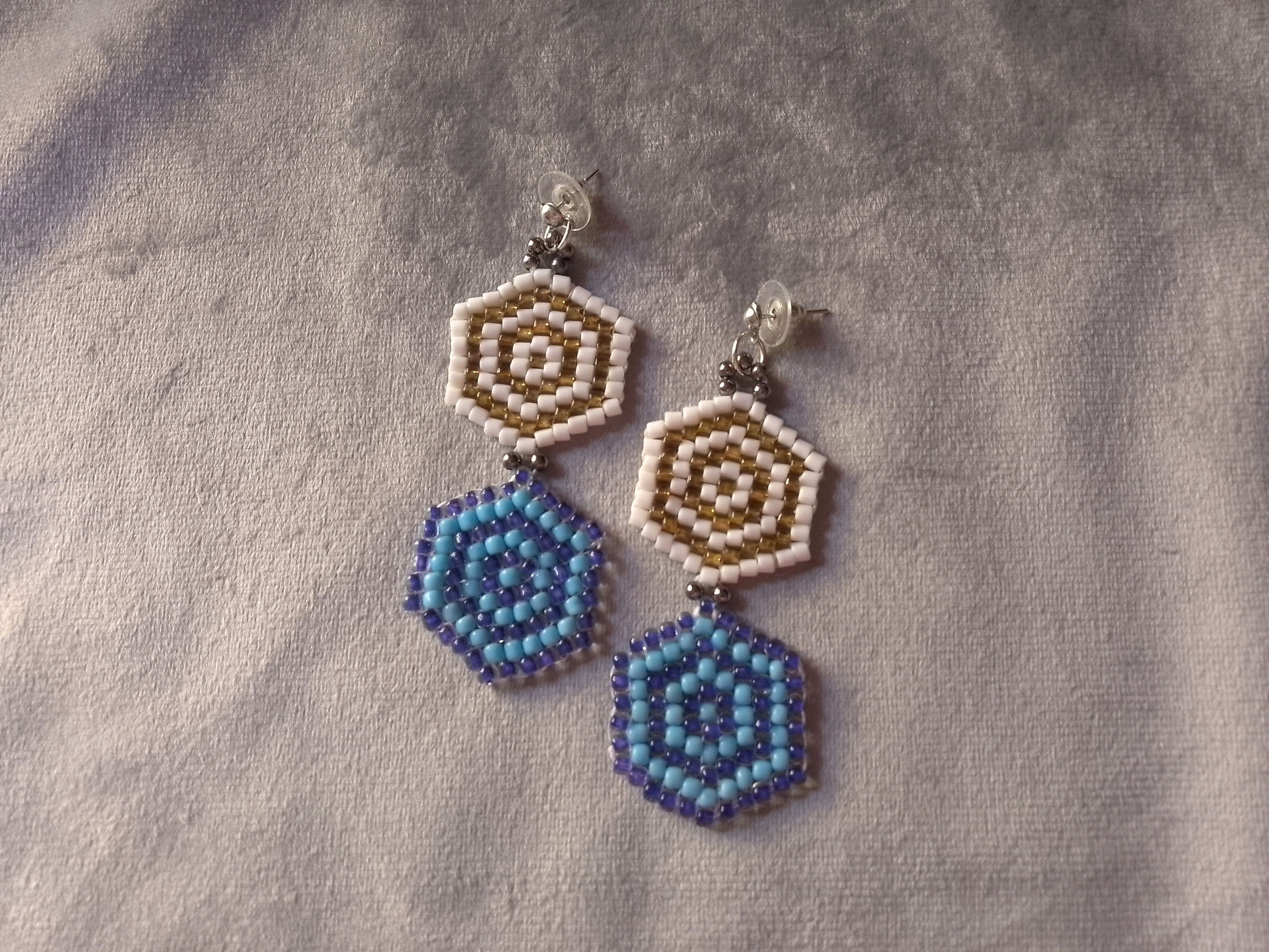 Handmade Earrings Embroidered Long Geometrical Blue Gold Ivory Size ONE SIZE - 3 Thumbnail