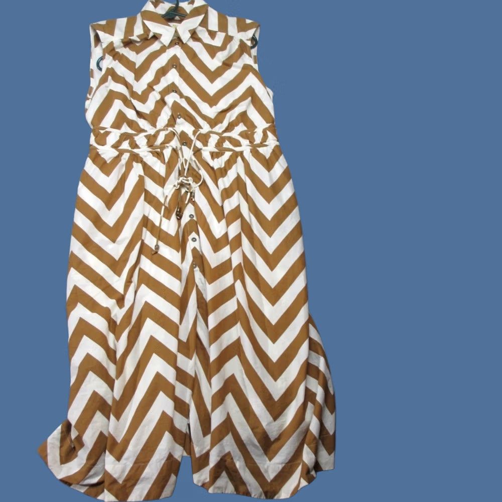 Anthropologie Maeve Shirt Dress Womens 1X Brown Geometric Chevron Sleeveless Midi Drawstring Size XL / US 12-14 / IT 48-50 - 1 Thumbnail