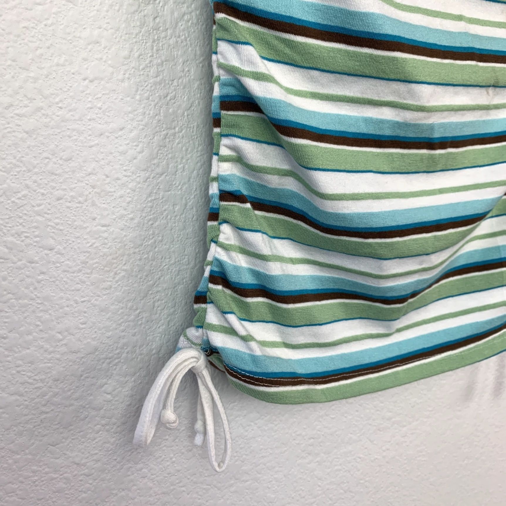 Vintage Juniors Tube Top Striped Y2K Cant Miss Large Strapless Ruched Drawstring Green Blue Size L / US 10 / IT 46 - 3 Thumbnail