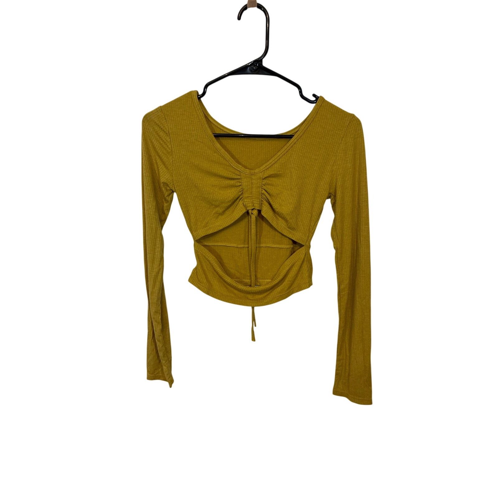Other Olive Mustard Ribbed Knit Cutout Crop Top Ruched Front Small Size S / US 4 / IT 40 - 3 Thumbnail