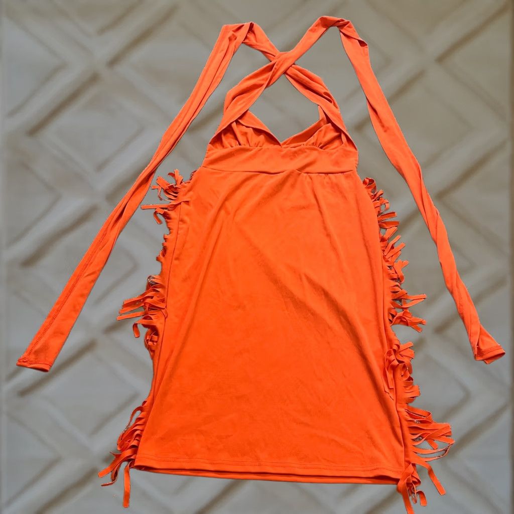 B Sides Chicme Dress Womens XXL Orange Halter Strappy Fringed Sides Solid Midi Party Size XXL / US 16-18 / IT 52-54 - 1 Thumbnail