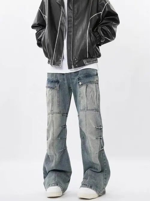 image of Retro Heavy Duty Washed Multi-Pocket Cargo Jeans in Light Blue, Men's (Size 32)