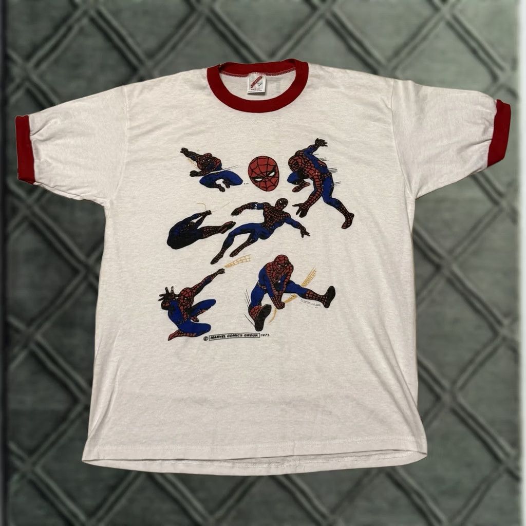 Jerzees VINTAGE Spider-Man Ringer Shirt L Men White 80s Marvel Graphic Print Crew Neck Short Sleeve JERZEES Classic T-Shirt Size US L / EU 52-54 / 3 - 1 Thumbnail