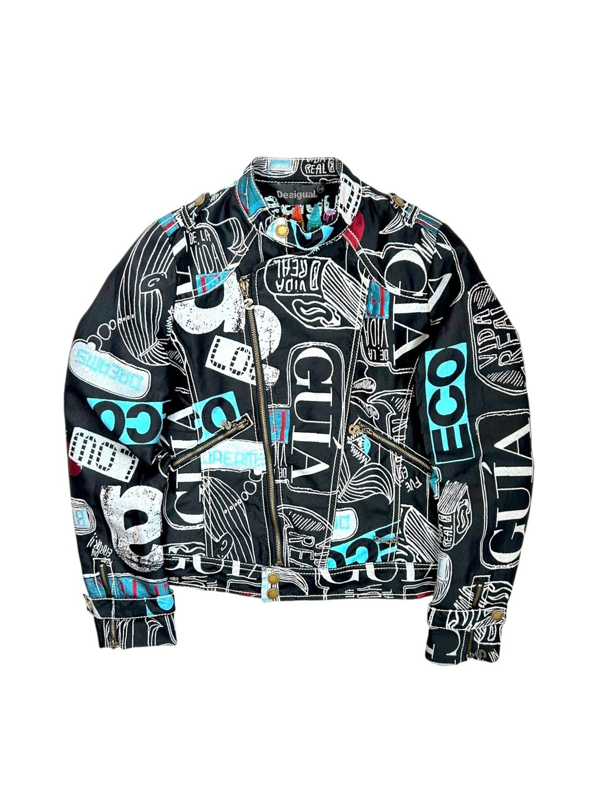 Desigual Desigual Y2K Denim Grange Punk Graffiti Moto Biker Jacket Size XS / US 0-2 / IT 36-38 - 1 Thumbnail
