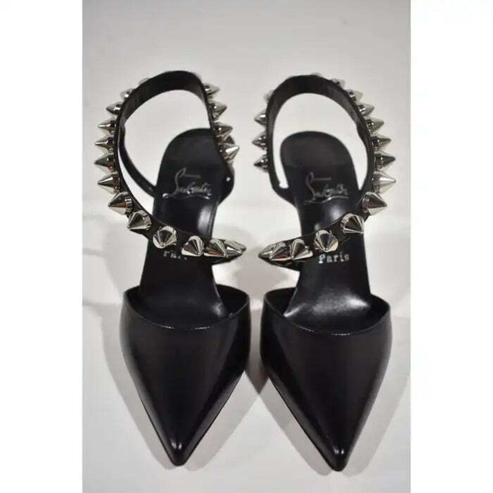 Christian Louboutin Spikita Pump 100 Black Silver Spike Strappy Sandal Heel 39 Size US 9 / IT 39 - 5 Thumbnail