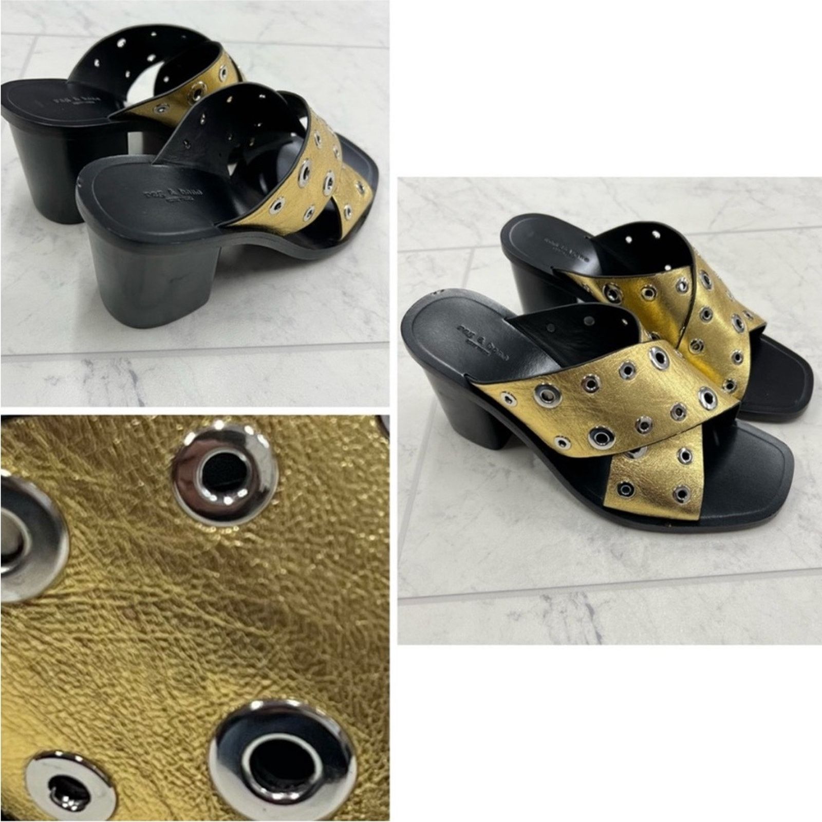 Rag & Bone NEW! Rag & Bone 7 Paige Grommet Gold Black Slide Sandal Heel Size US 7 / IT 37 - 1 Thumbnail