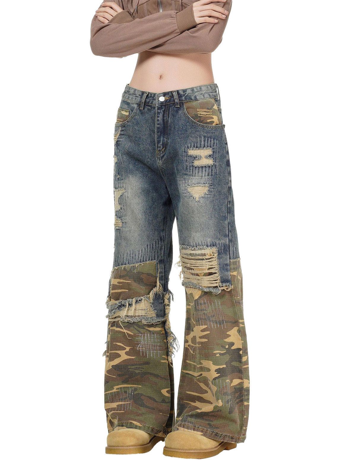 Japanese Brand Distressed Camouflage Patchwork Jeans Size 30" / US 8 / IT 44 - 2 Thumbnail