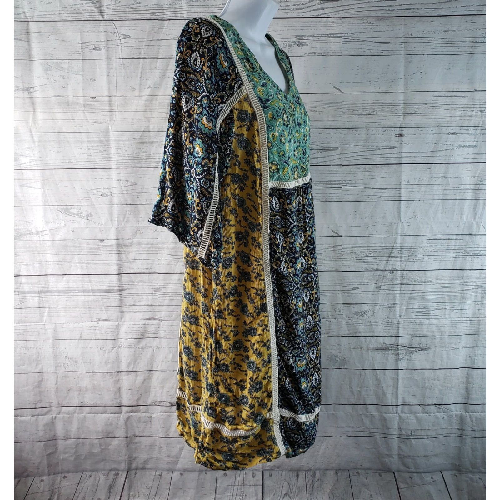 Vintage Bob Timberlake Womens Dress M Yellow Floral Rayon Keyhole Scoop Neck 3/4 Sleeve Short Vintage No Size M / US 6-8 / IT 42-44 - 3 Thumbnail