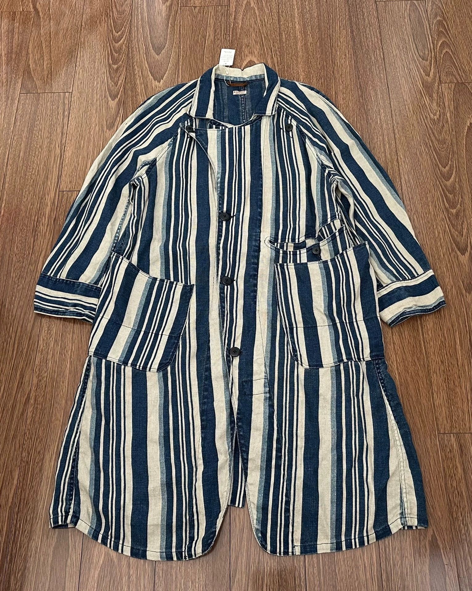 APITAL VINTAGE STRIPE INDIGO COAT blue dyed trench coat