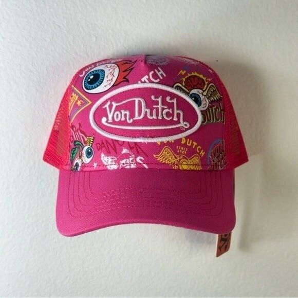 Designer × Von Dutch NWT VON DUTCH JAX HOT PINK ALL OVER PRINT TRUCKER HAT Size ONE SIZE - 2 Thumbnail