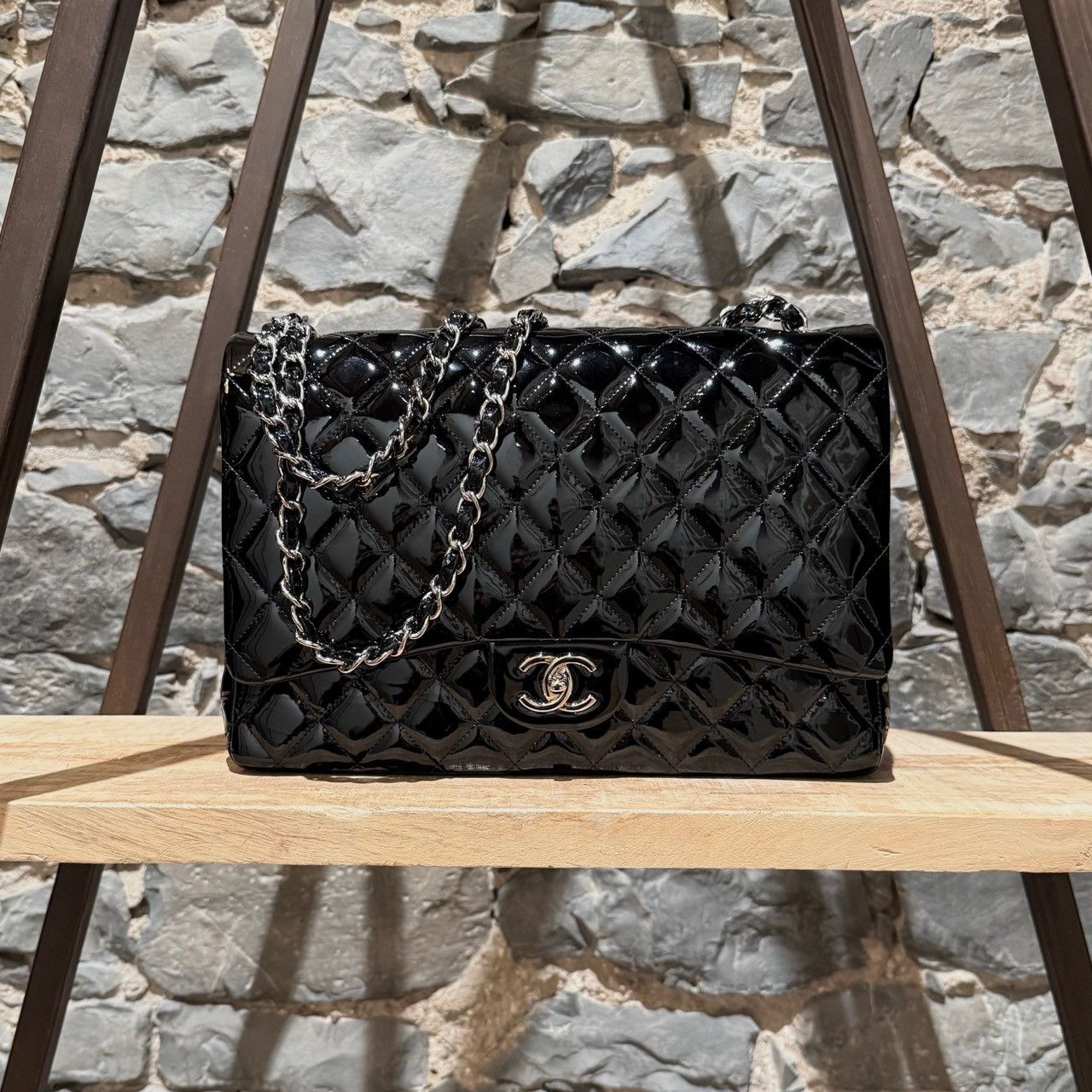 Chanel Chanel Black Patent Leather Maxi Classic Double Flap Bag Size ONE SIZE - 1 Thumbnail