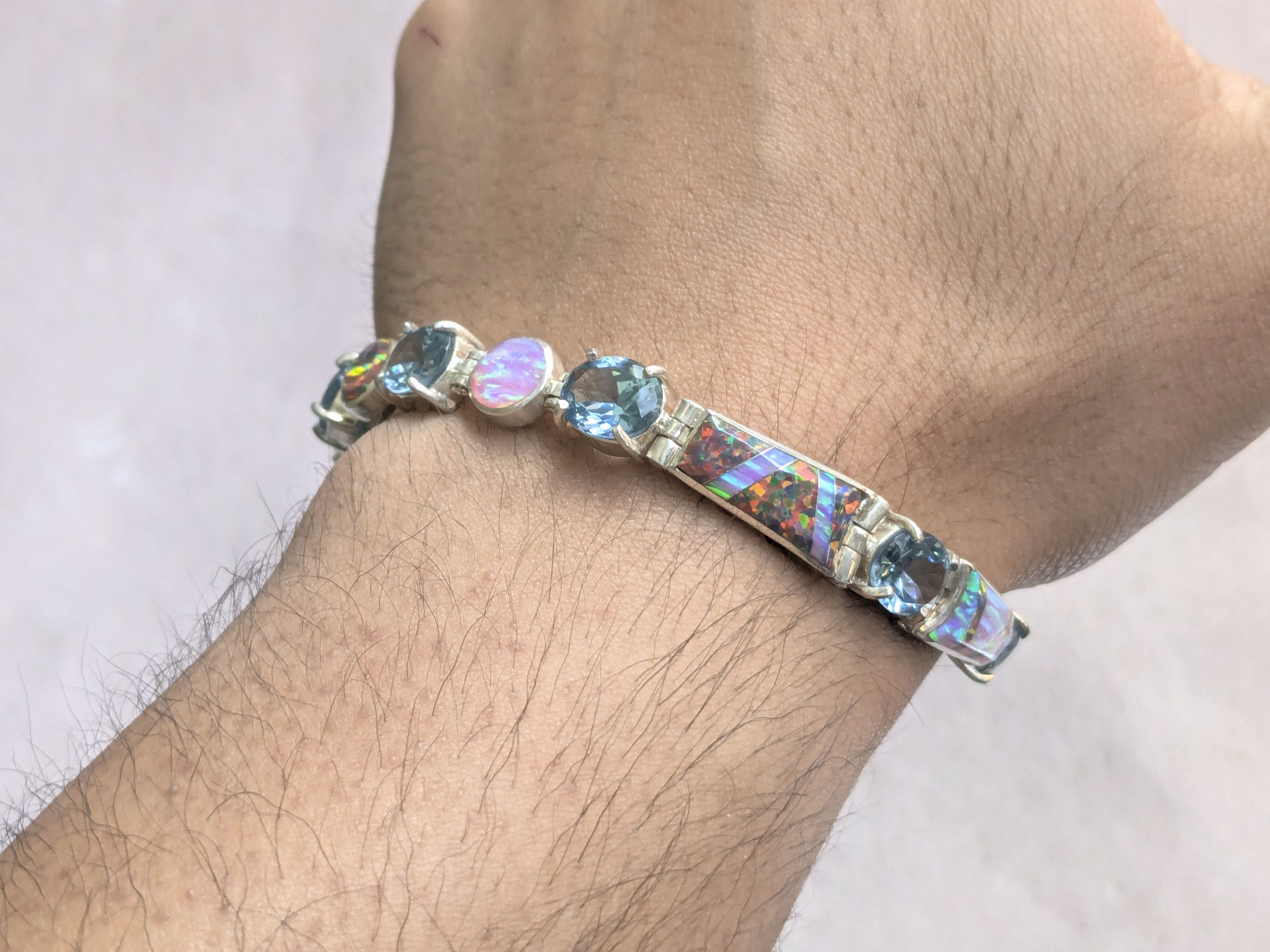 Jewelry Sterling Silver Tennis Bracelet Opal Blue Topaz Oval 7.25 Size ONE SIZE - 11 Thumbnail