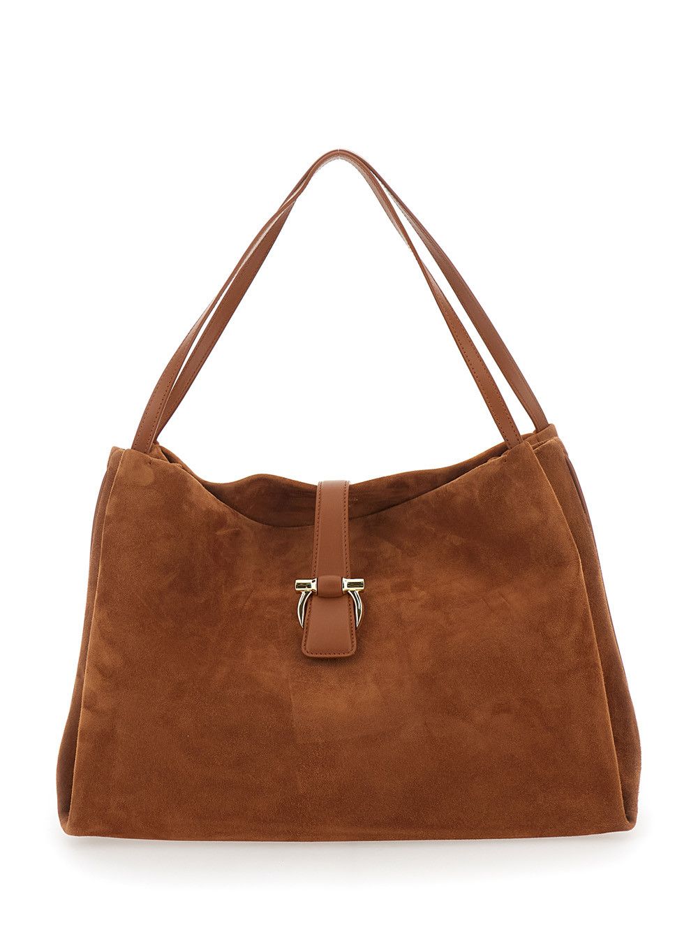 Salvatore Ferragamo 'New Line Grande' Brown Shoulder Bag with Two Flat Handles and Gancini Detail on the Front in Suede Woman Size ONE SIZE - 1 Thumbnail