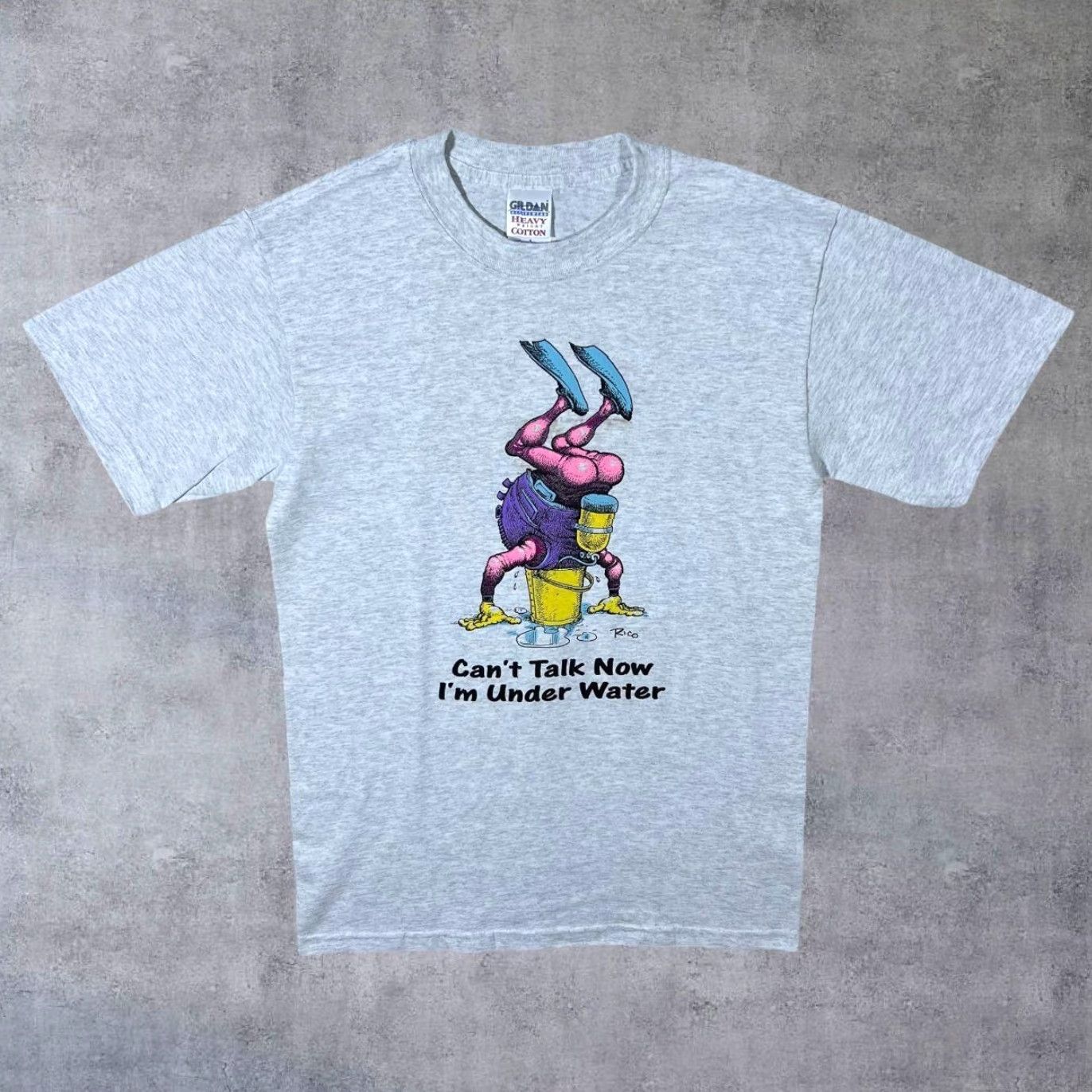 Gildan Vintage Gildan T-Shirt Can’t Talk Now I’m Underwater Cartoon Diving Souvenir Grey S Mens Short Sleeve Round Neck Cotton Shirt 00s 90s Style Mens Size US S / EU 44-46 / 1 - 2 Thumbnail