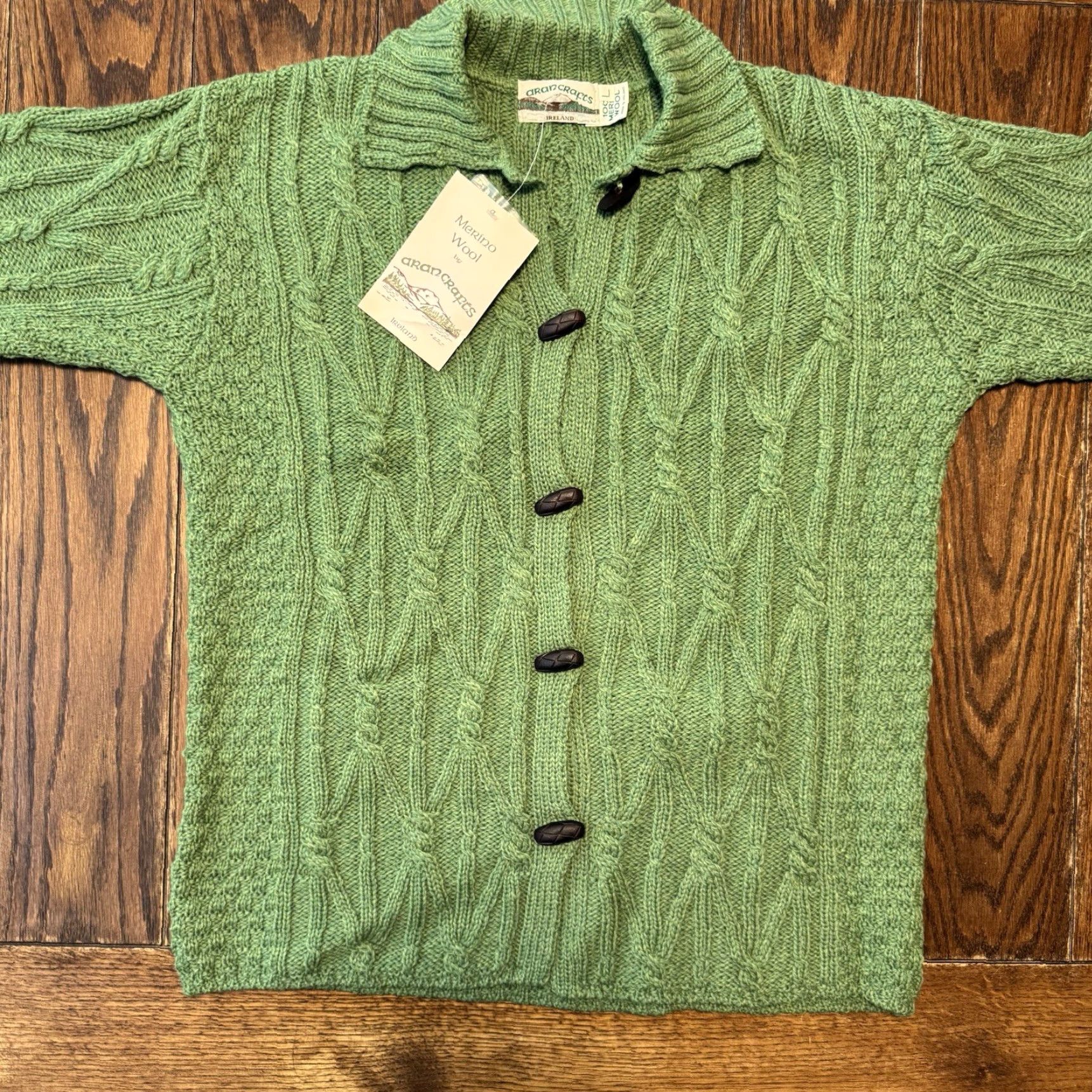 Vintage Aran Crafts Cardigan Women’s Large Green Merino Wool Button Cable Knit Sweater Knitwear Size L Regular Womens Vintage No Size L / US 10 / IT 46 - 2 Thumbnail