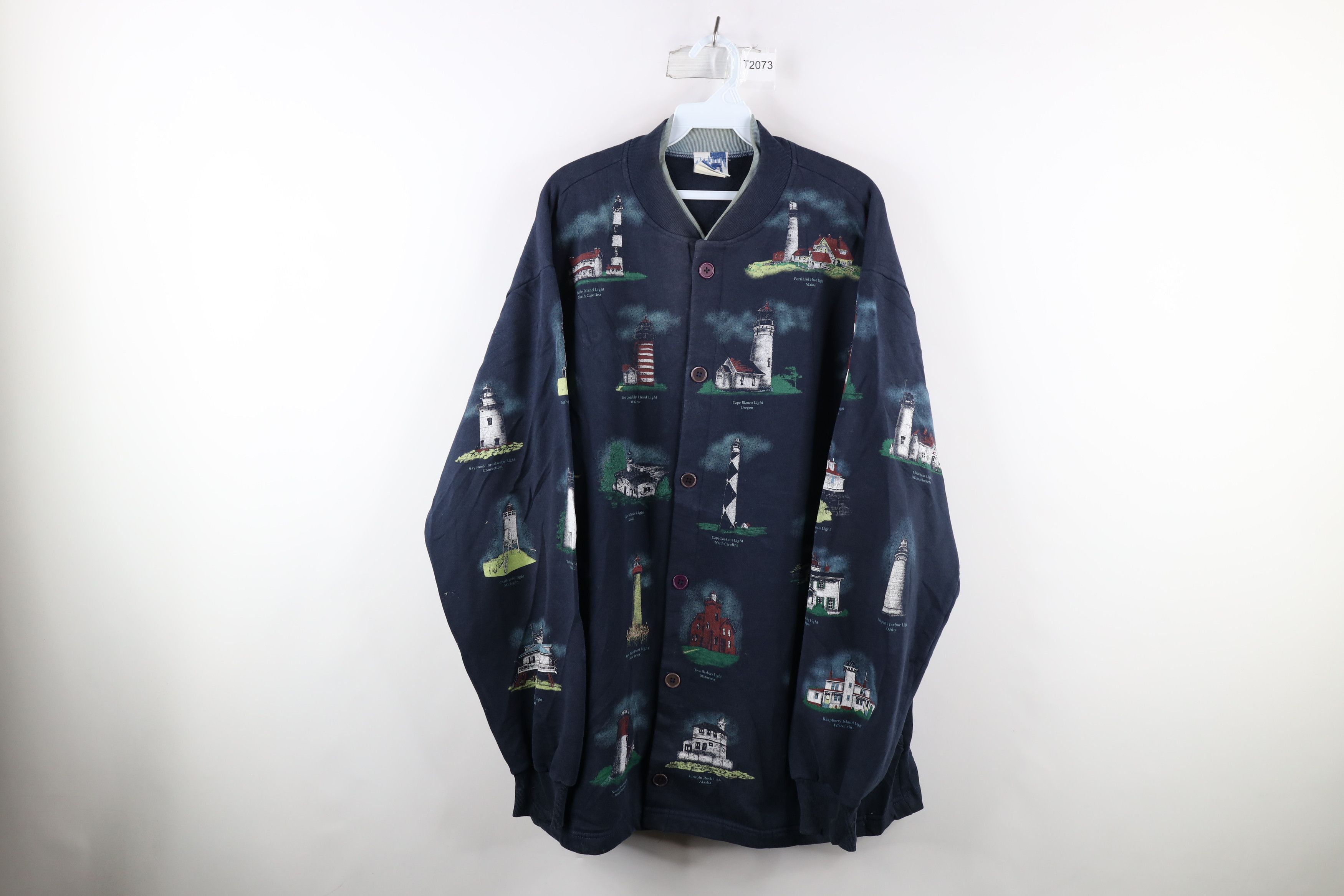 image of Vintage 90's Art Unlimited All Over Print Cardigan Sweatshirt in Blue, Women's (Size 2XL)